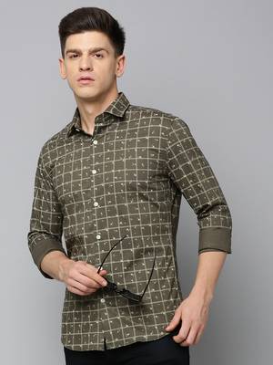 men's long sleeves tartan checks olive shirt 1