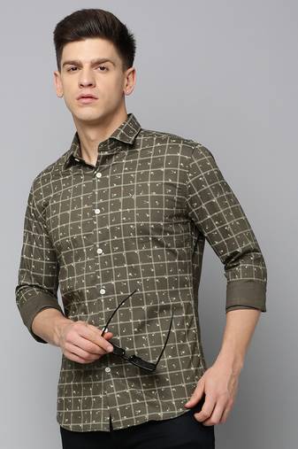 men's long sleeves tartan checks olive shirt