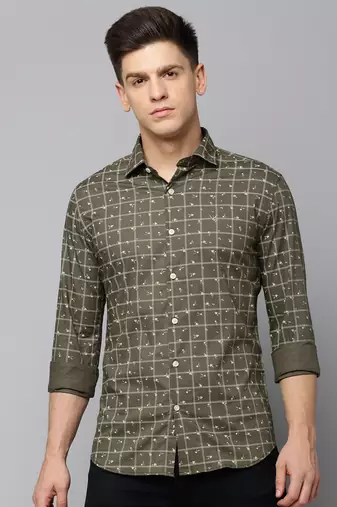 men's long sleeves tartan checks olive shirt