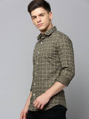 men's long sleeves tartan checks olive shirt 3