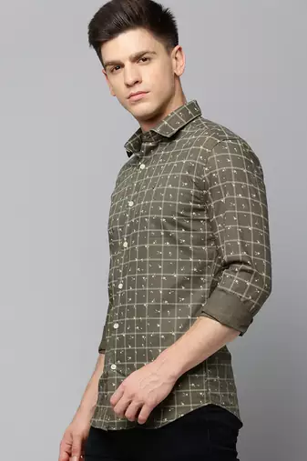 men's long sleeves tartan checks olive shirt