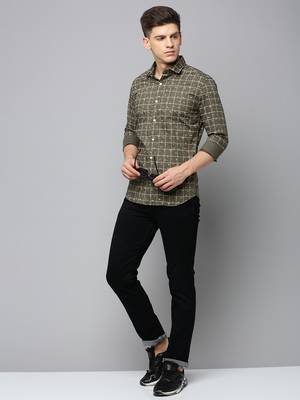 men's long sleeves tartan checks olive shirt 5