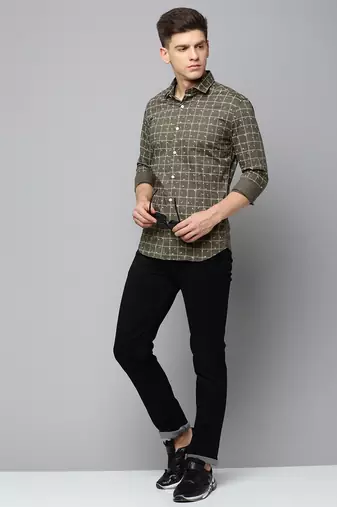 men's long sleeves tartan checks olive shirt