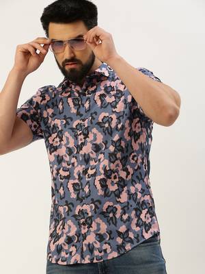 men's short sleeves ethnic motifs blue shirt 1