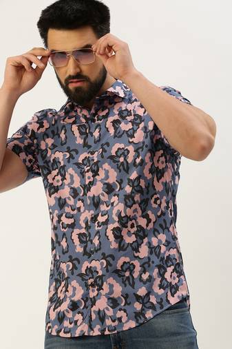 men's short sleeves ethnic motifs blue shirt