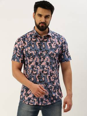 men's short sleeves ethnic motifs blue shirt 2
