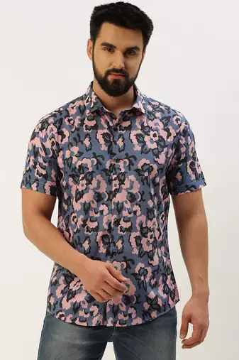 men's short sleeves ethnic motifs blue shirt