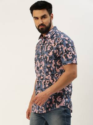 men's short sleeves ethnic motifs blue shirt 3