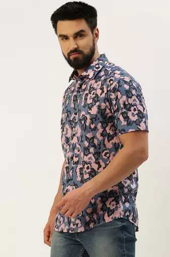 men's short sleeves ethnic motifs blue shirt