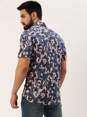 men's short sleeves ethnic motifs blue shirt 4