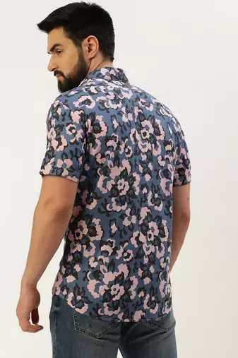 men's short sleeves ethnic motifs blue shirt
