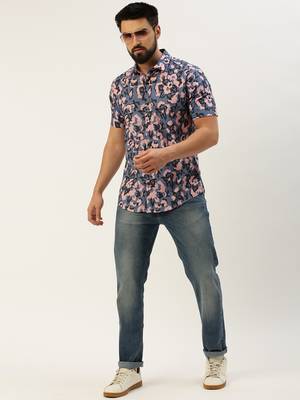 men's short sleeves ethnic motifs blue shirt 5