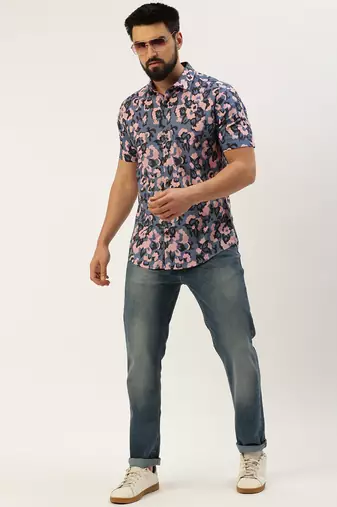 men's short sleeves ethnic motifs blue shirt