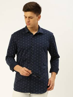 men's long sleeves geometric navy blue shirt 1