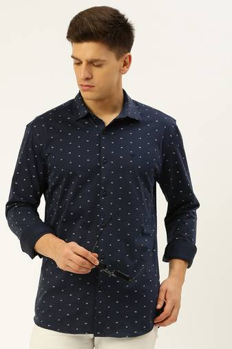 men's long sleeves geometric navy blue shirt