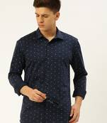 men's long sleeves geometric navy blue shirt