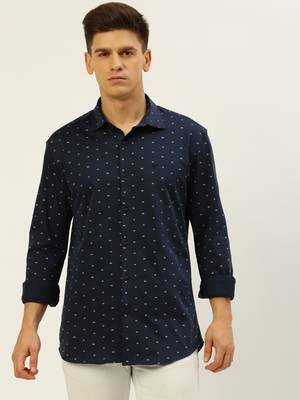 men's long sleeves geometric navy blue shirt 2
