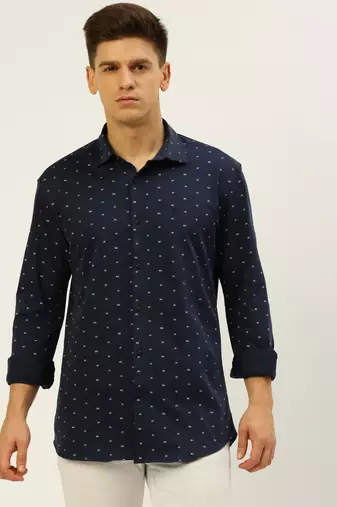 men's long sleeves geometric navy blue shirt