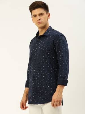 men's long sleeves geometric navy blue shirt 3