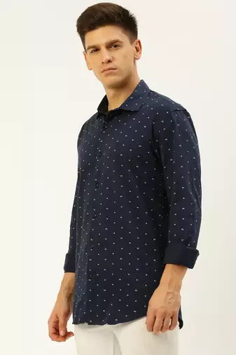 men's long sleeves geometric navy blue shirt