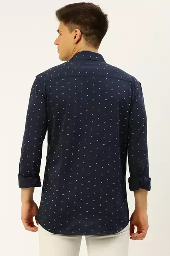 men's long sleeves geometric navy blue shirt