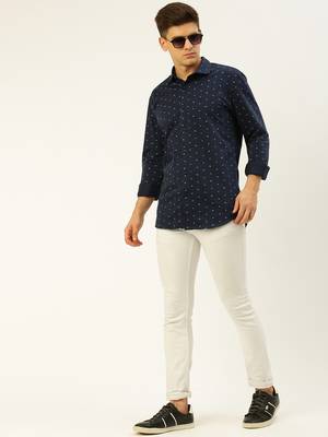 men's long sleeves geometric navy blue shirt 5