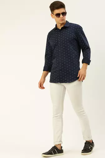men's long sleeves geometric navy blue shirt