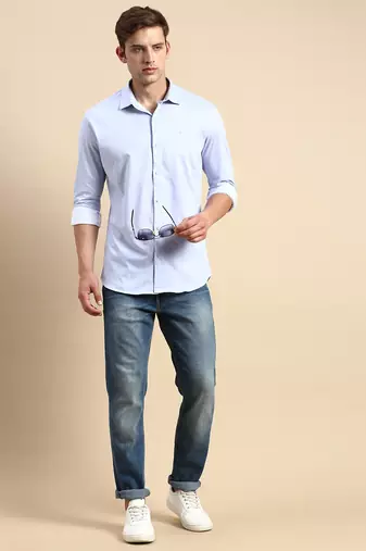 men's long sleeves vertical stripes blue shirt