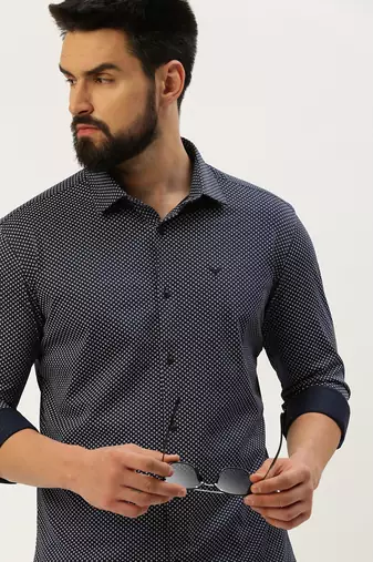 men's long sleeves geometric navy blue shirt