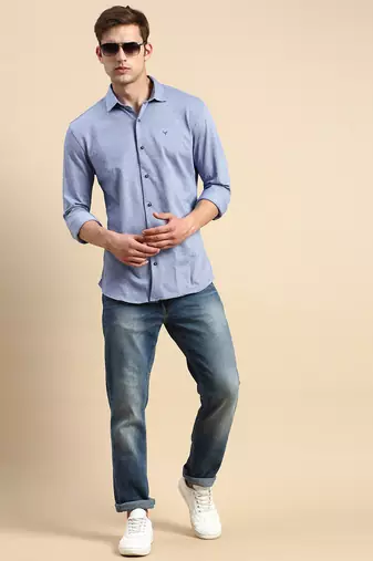 men's long sleeves geometric navy blue shirt