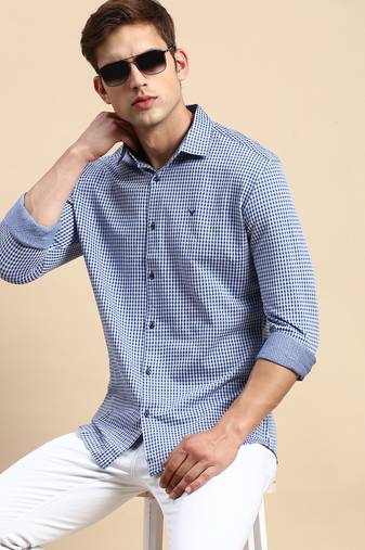 men's long sleeves geometric navy blue shirt