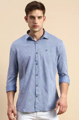 men's long sleeves geometric navy blue shirt