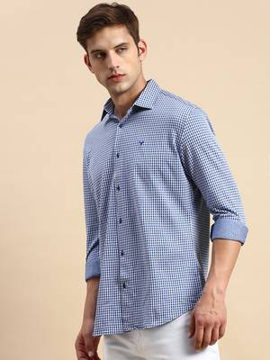 men's long sleeves geometric navy blue shirt 3