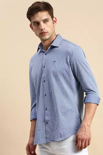 men's long sleeves geometric navy blue shirt
