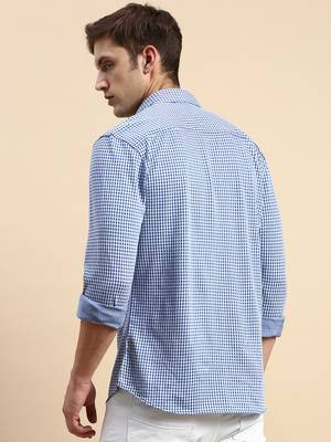 men's long sleeves geometric navy blue shirt 4