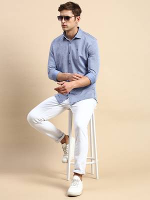 men's long sleeves geometric navy blue shirt 5