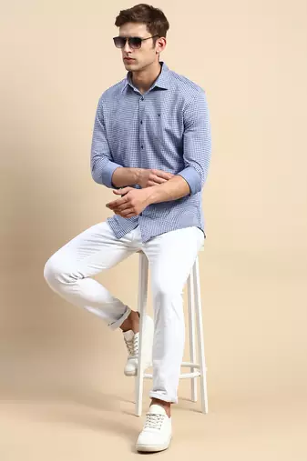 men's long sleeves geometric navy blue shirt