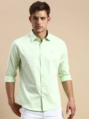 men's long sleeves vertical stripes lime green shirt 2