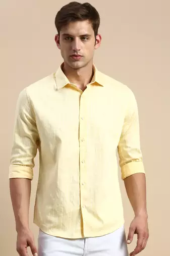 men's long sleeves vertical stripes yellow shirt