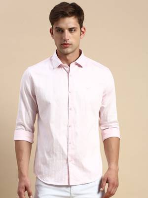 men's long sleeves vertical stripes pink shirt 2