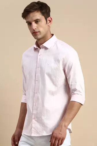 men's long sleeves vertical stripes pink shirt