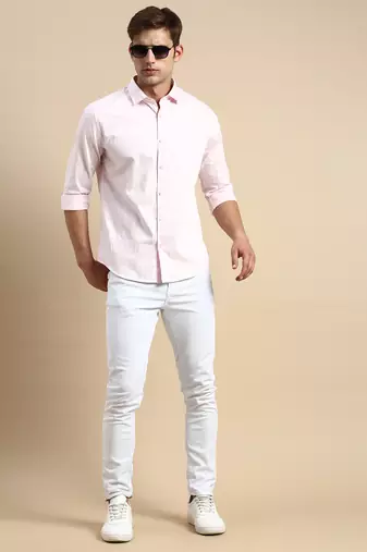 men's long sleeves vertical stripes pink shirt