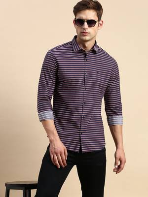 men's long sleeves horizontal stripes navy blue shirt 1