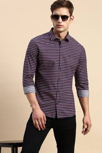 men's long sleeves horizontal stripes navy blue shirt