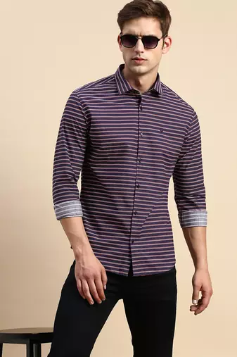 men's long sleeves horizontal stripes navy blue shirt