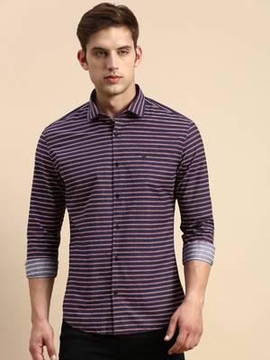 men's long sleeves horizontal stripes navy blue shirt 2