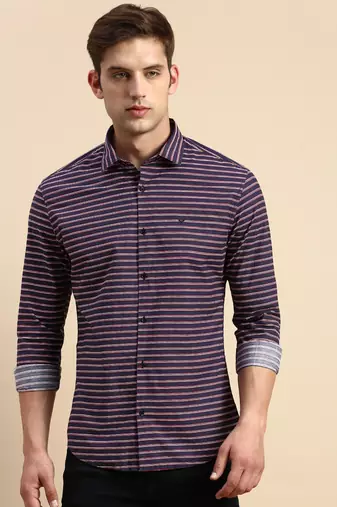men's long sleeves horizontal stripes navy blue shirt