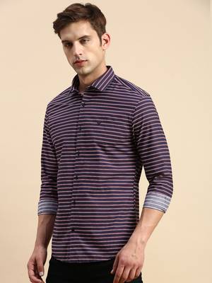 men's long sleeves horizontal stripes navy blue shirt 3