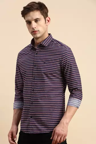 men's long sleeves horizontal stripes navy blue shirt