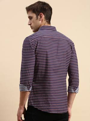 men's long sleeves horizontal stripes navy blue shirt 4